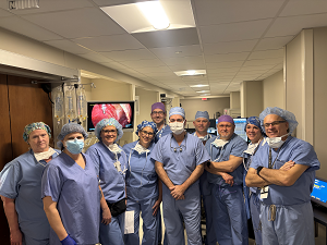Dr. Richard Berri and the surgical team pose for a photo after performing the first-in-Michigan pressurized intraperitoneal aerosolized chemotherapy (PIPAC) laparoscopic surgical treatment on Jan. 15, 2025, at Henry Ford St. John Hospital in Detroit.